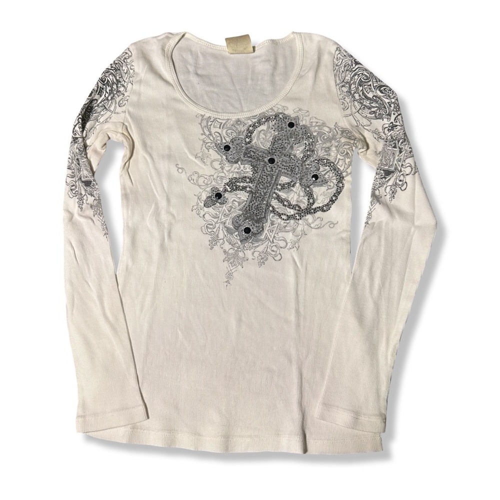 Vintage Thermal Top Womens M Cream Excellent Gothic Cross Rhinestone Y2K